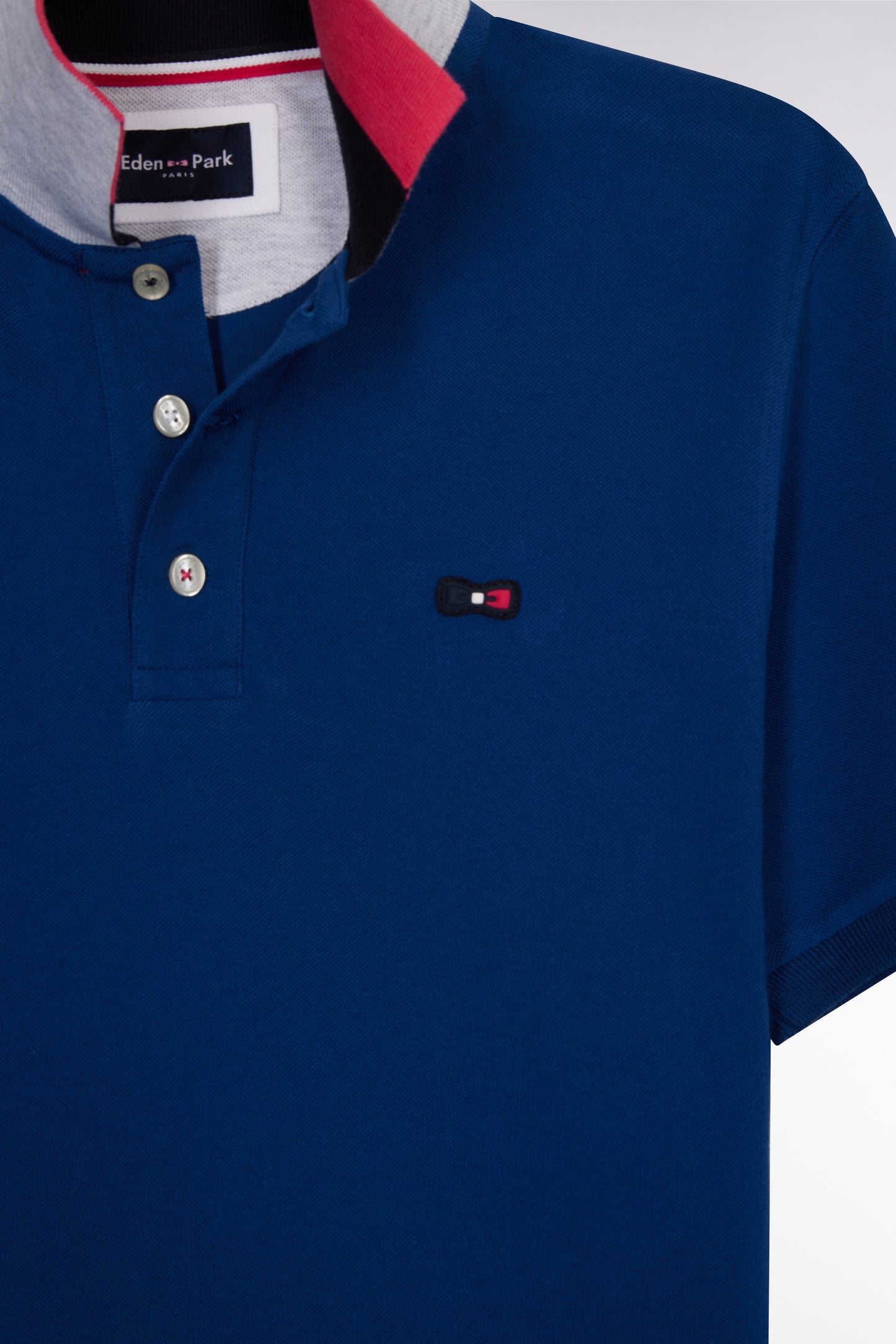 Polo à manches courtes en coton bleu col bicolore jacquard Eden Park coupe droite