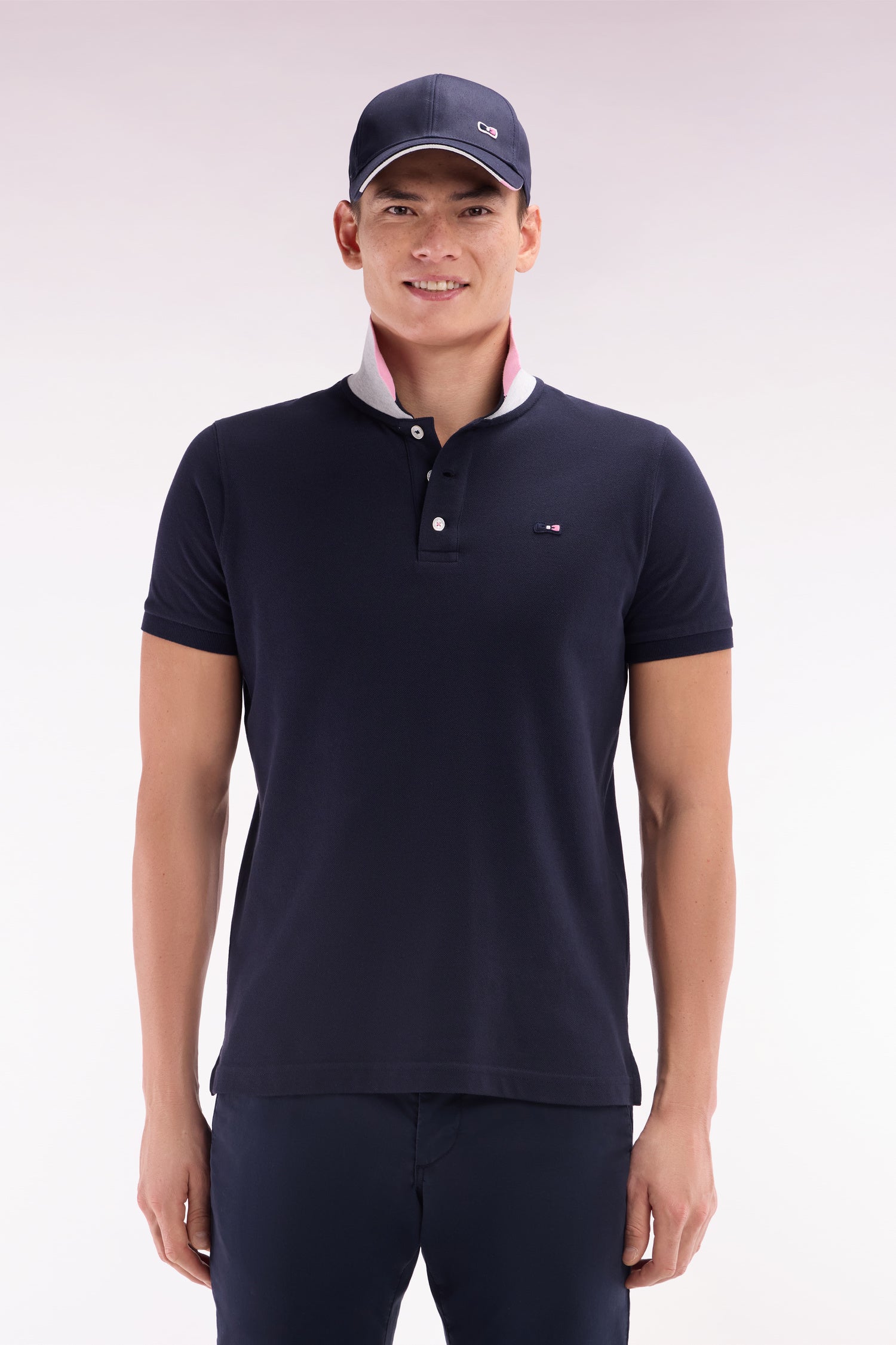 Polo à manches courtes en coton marine col bicolore jacquard Eden Park coupe droite