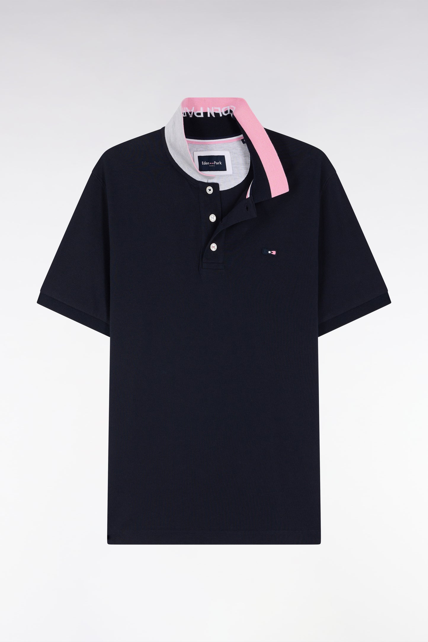 Polo à manches courtes en coton marine col bicolore jacquard Eden Park coupe droite