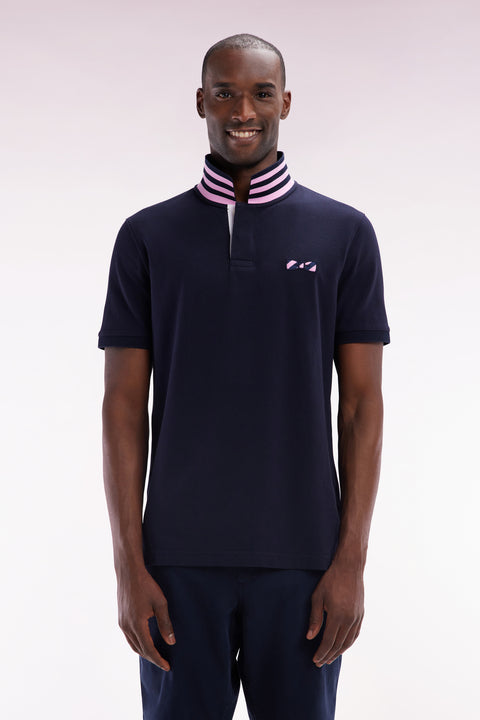 Straight-fit short-sleeved polo shirt in navy cotton with striped undercollar - Image 1