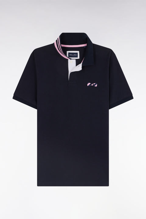 Straight-fit short-sleeved polo shirt in navy cotton with striped undercollar - Image 2