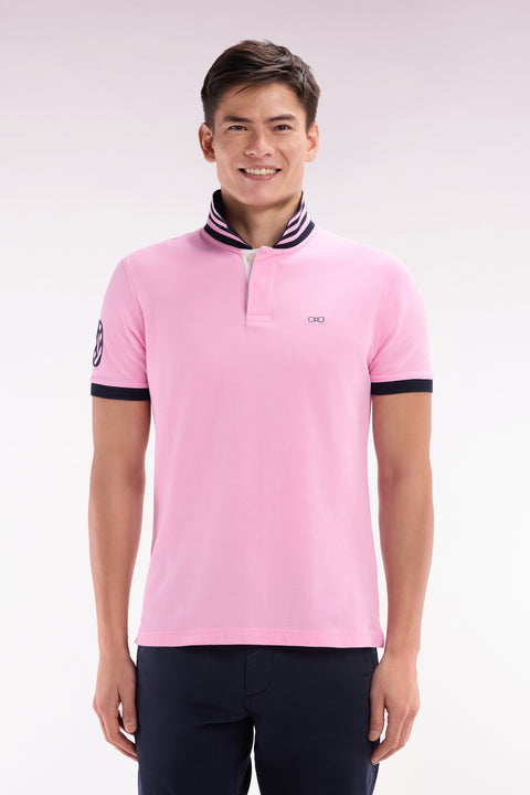 Straight-fit short-sleeved polo shirt in pink cotton piqué with 10 sleeves embroidery - Image 1