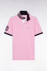 Straight-fit short-sleeved polo shirt in pink cotton piqué with 10 sleeves embroidery