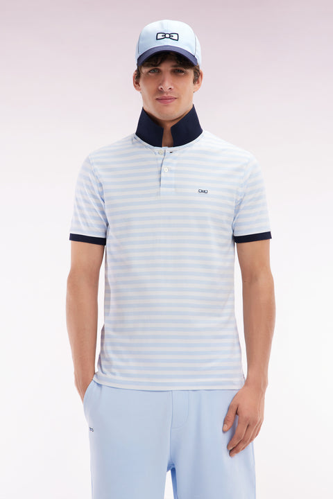 Polo marinière à manches courtes en coton stretch rayé ciel coupe ajustée - Image 1