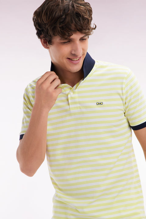 Polo marinière à manches courtes en coton stretch rayé jaune coupe ajustée - Image 3