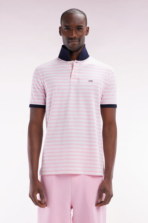Polo marinière à manches courtes en coton stretch rayé rose coupe ajustée - Image 1