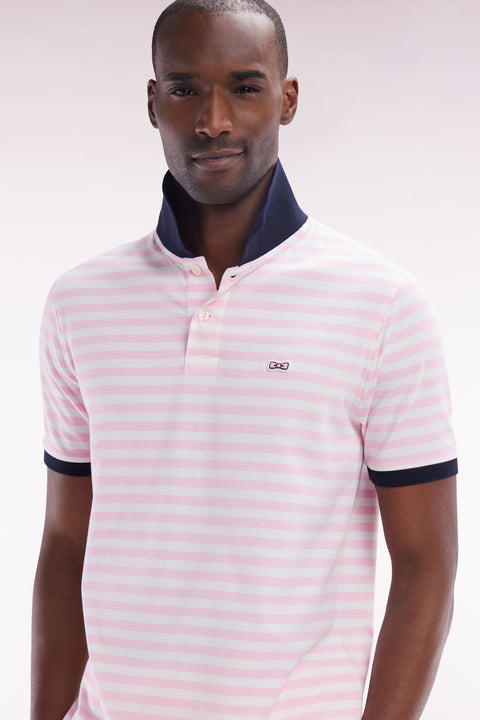 Polo marinière à manches courtes en coton stretch rayé rose coupe ajustée - Image 3
