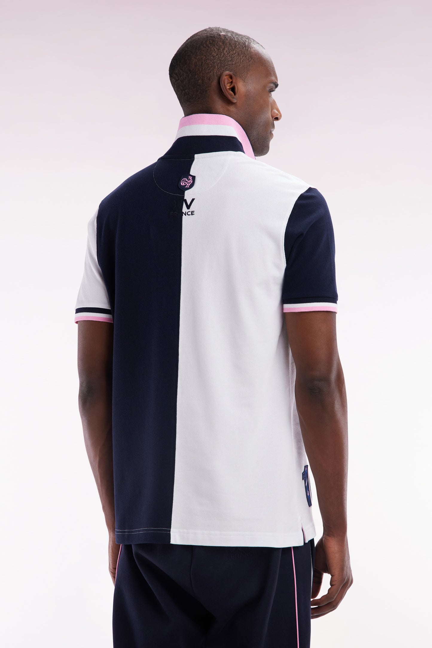 Straight-fit short-sleeved polo shirt in two-tone white and navy cotton