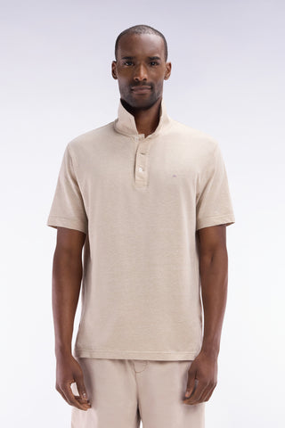 Straight-fit short-sleeved polo shirt in beige cotton-linen blend