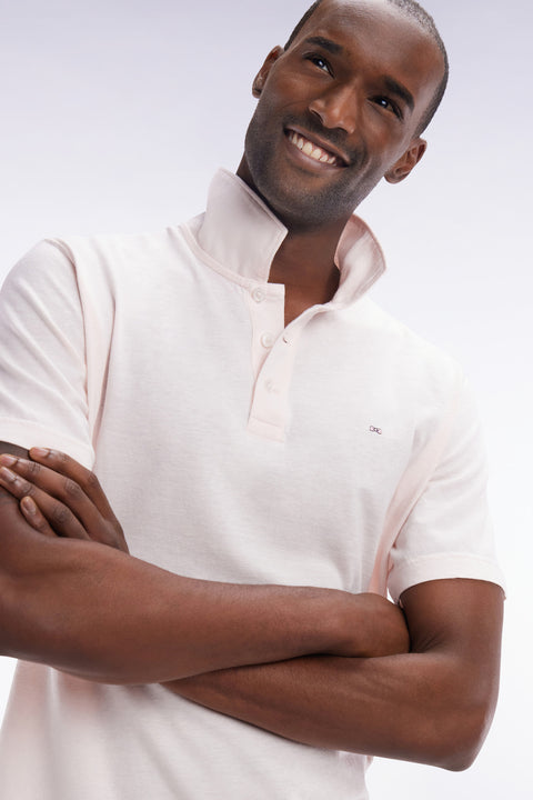 Straight-fit short-sleeved polo shirt in pink cotton-linen blend - Image 3