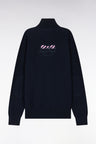 Pull col camionneur en coton marine broderie dos nœud papillon cerclée coupe droite