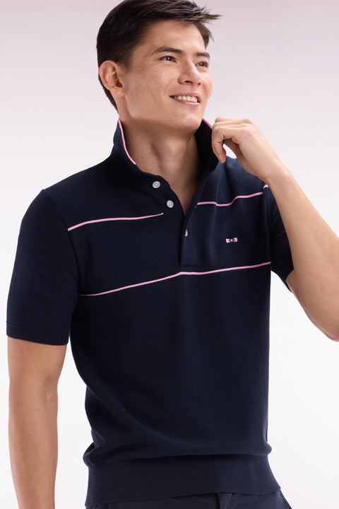 Pull manches courtes à col polo en coton marine et rose coupe droite - Image 3