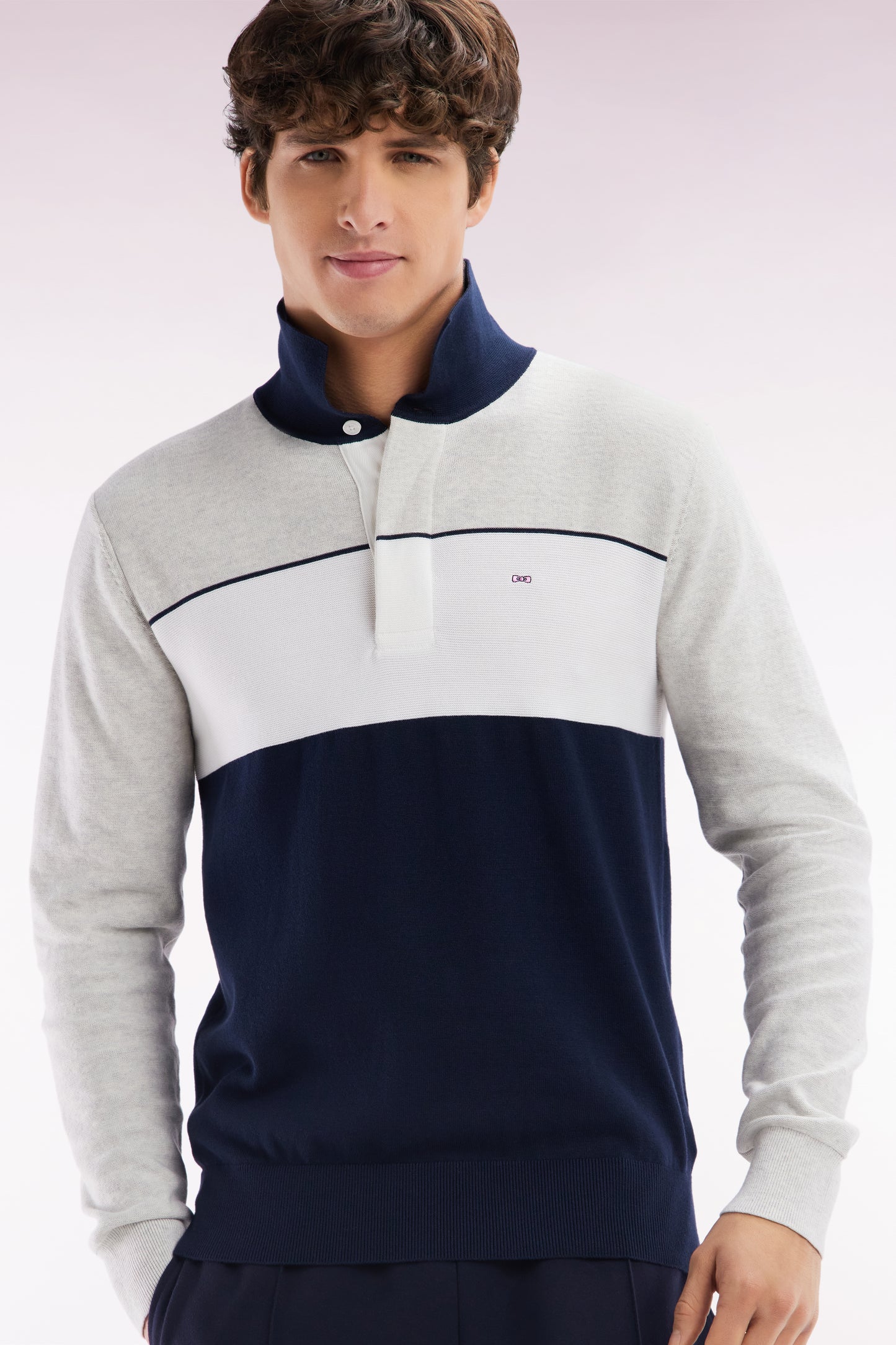 Straight-fit grey cotton jumper with a rugby-style collar