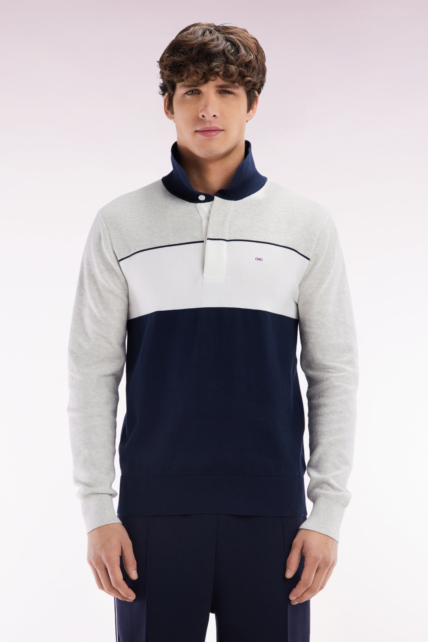 Straight-fit grey cotton jumper with a rugby-style collar