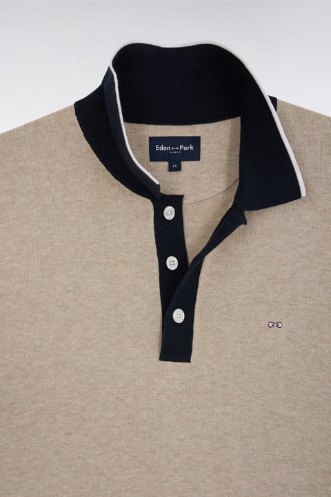 Pull manches courtes à col polo en coton beige coupe droite - Image 2