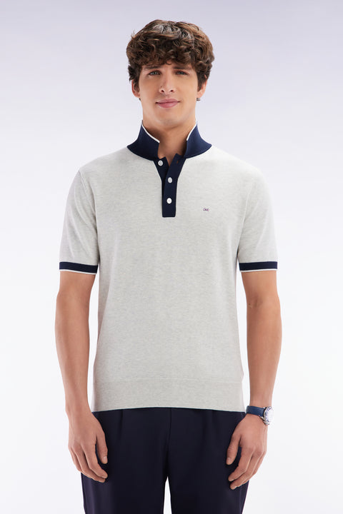 Pull manches courtes à col polo en coton gris coupe droite - Image 1