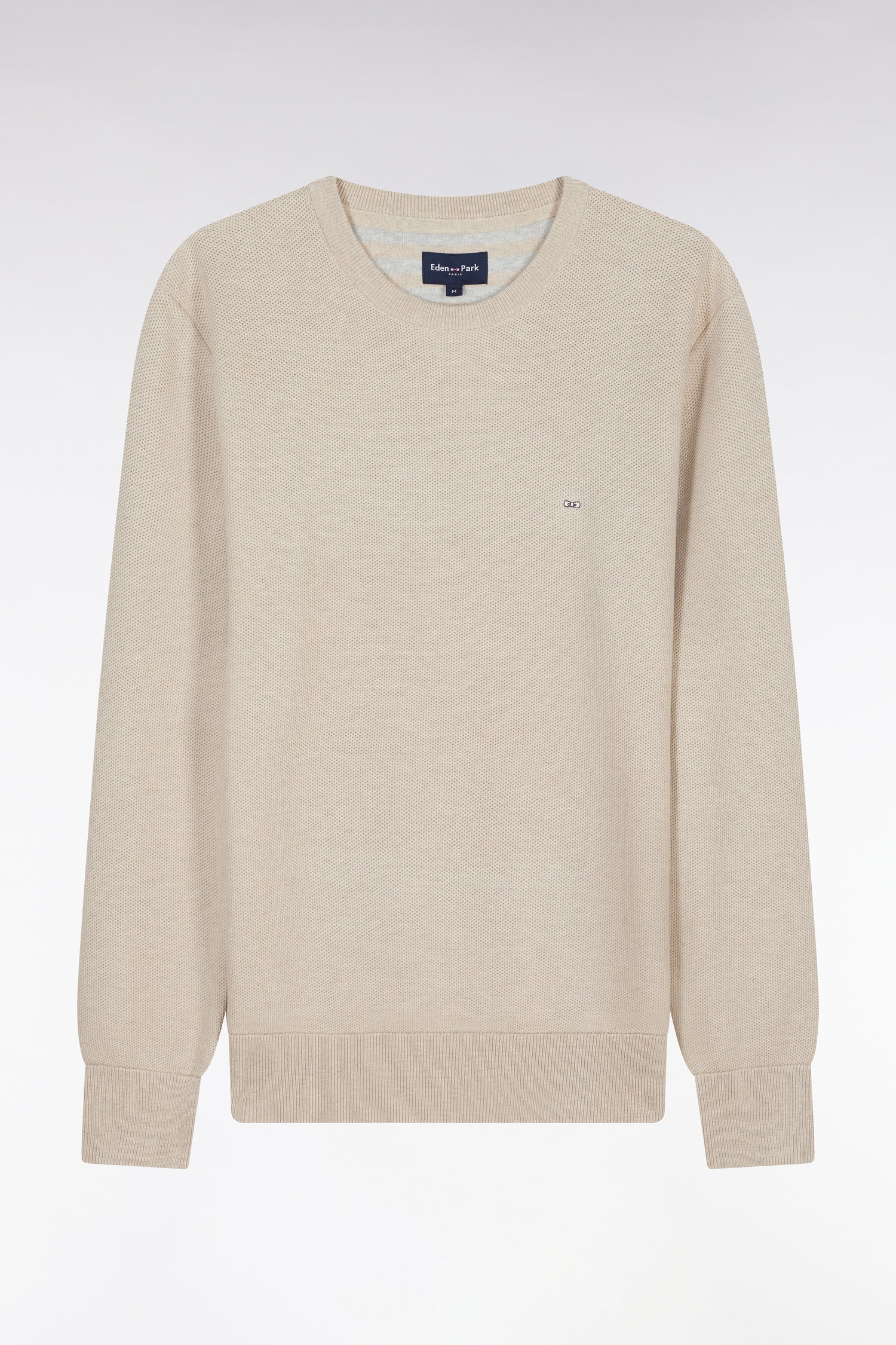 Pull col rond en coton nid d'abeille beige coupe droite