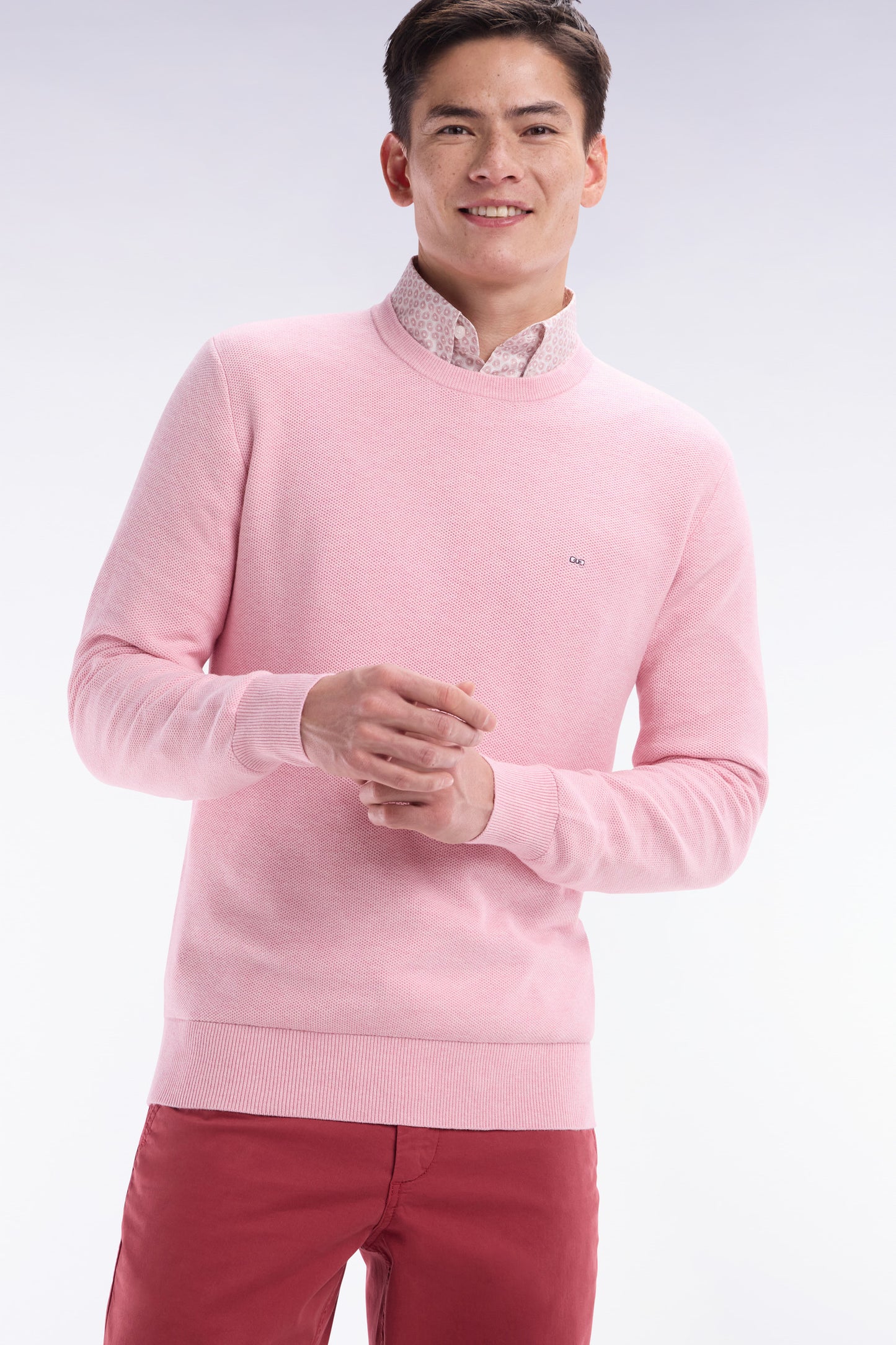 Straight-fit pink honeycomb cotton crew neck jumper