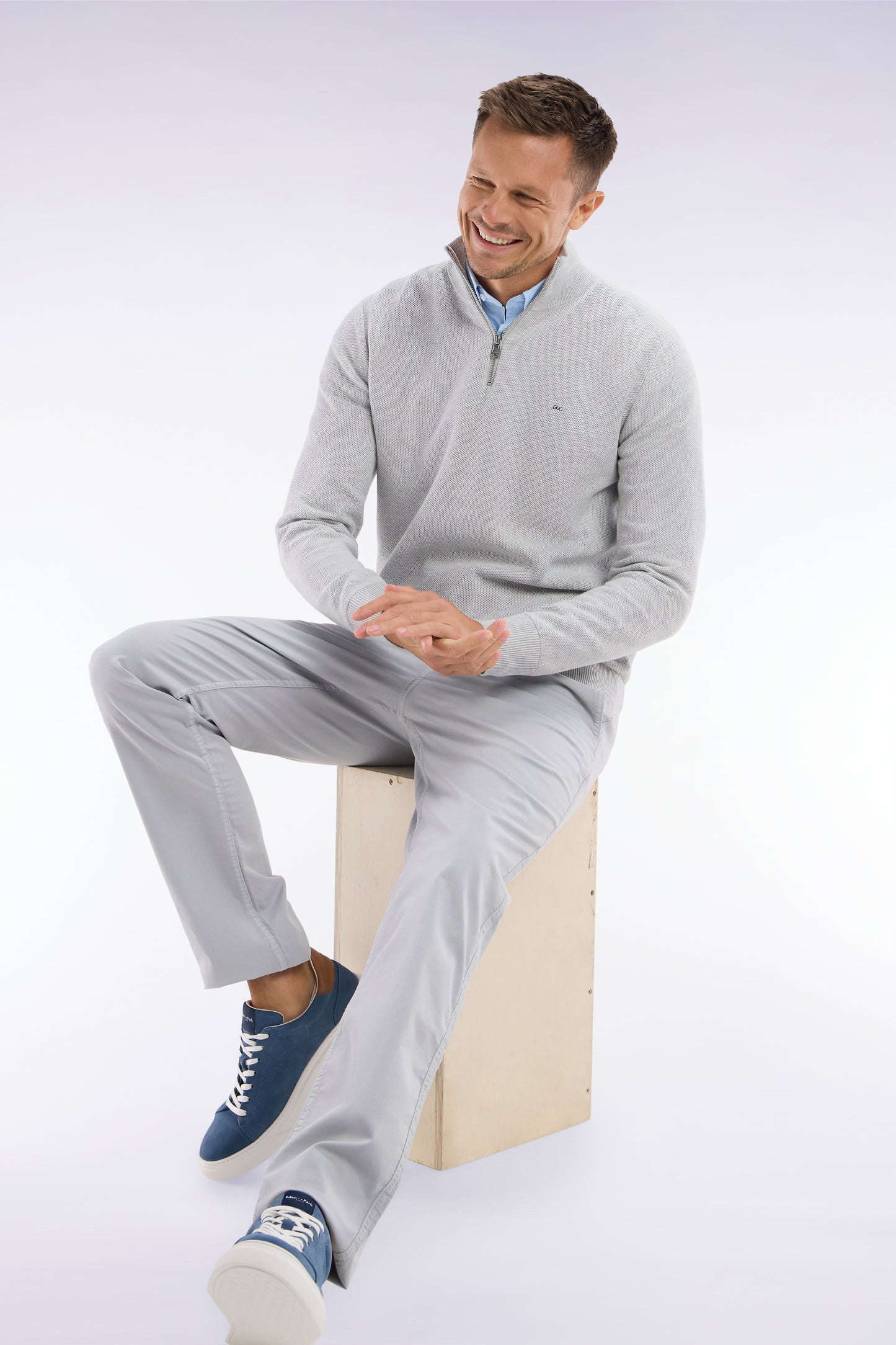 Pull col camionneur en coton nid d'abeille gris coupe droite