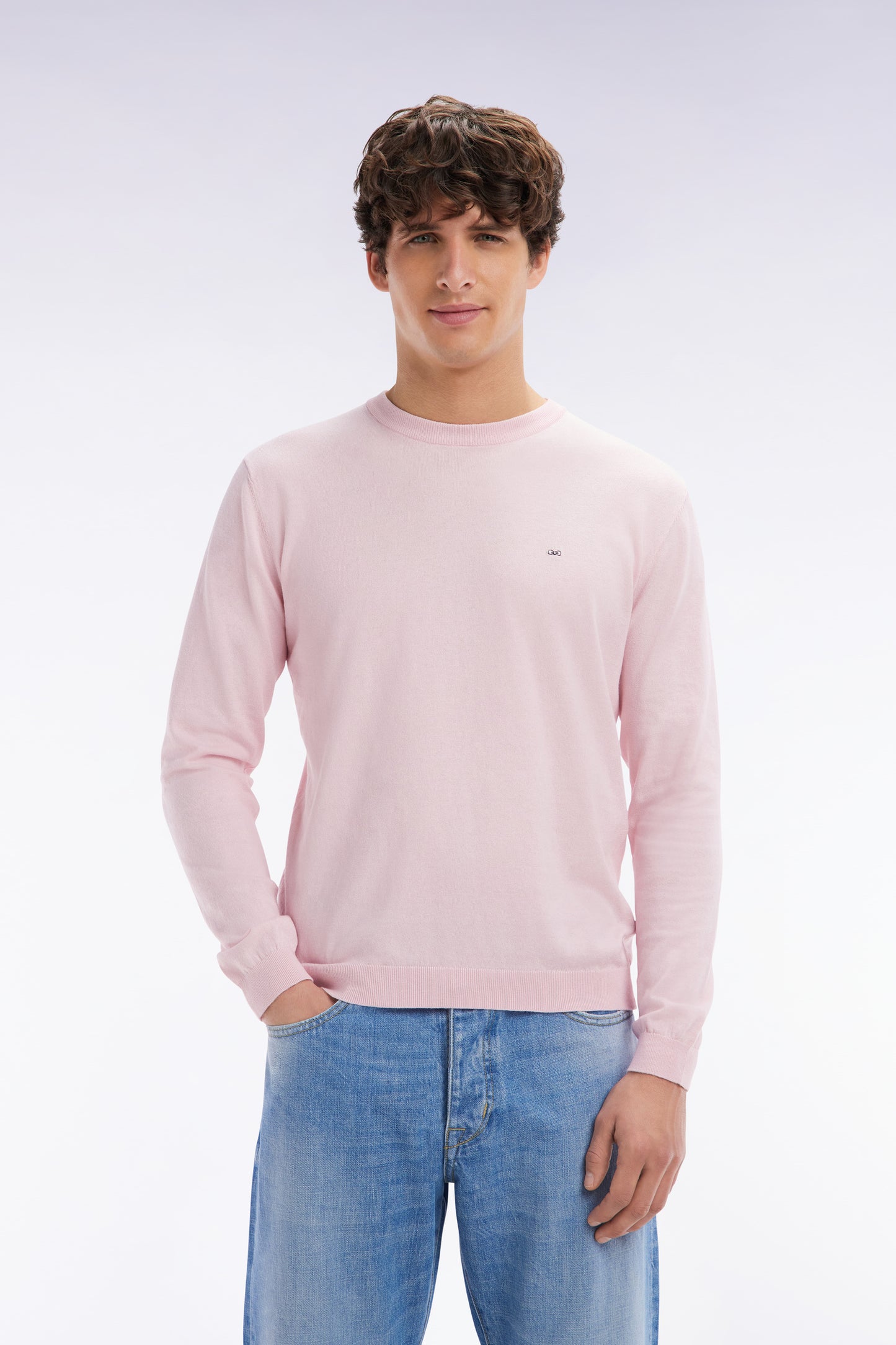 Pull col rond en coton et soie mélangés rose coupe droite