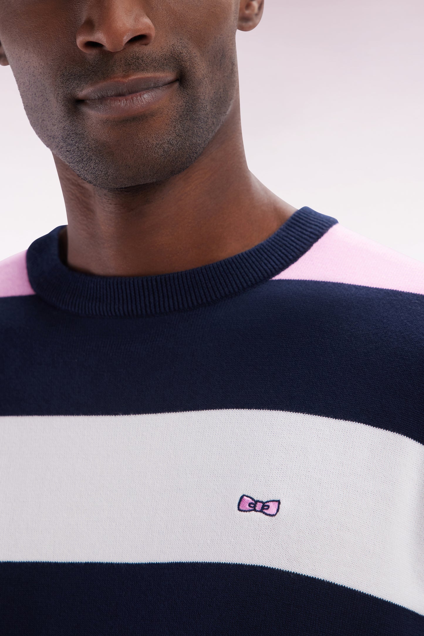 Round collar striped jumper in pink and white cotton