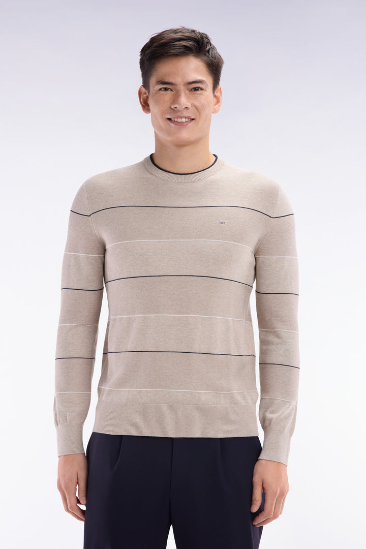 Pull col rond cerclé en coton beige