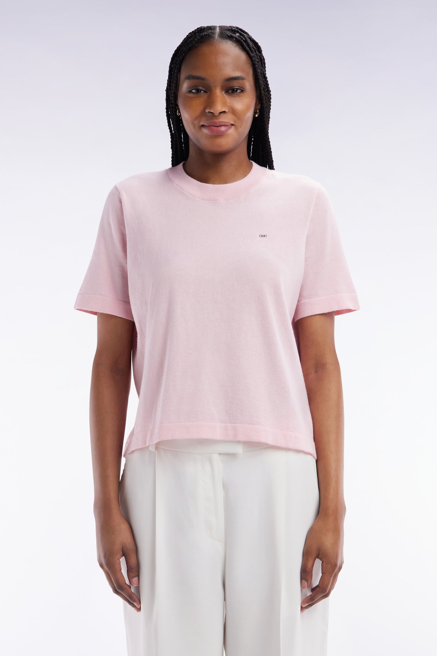 Relaxed-fit short-sleeved round-neck jumper in pink cotton-silk thin blend