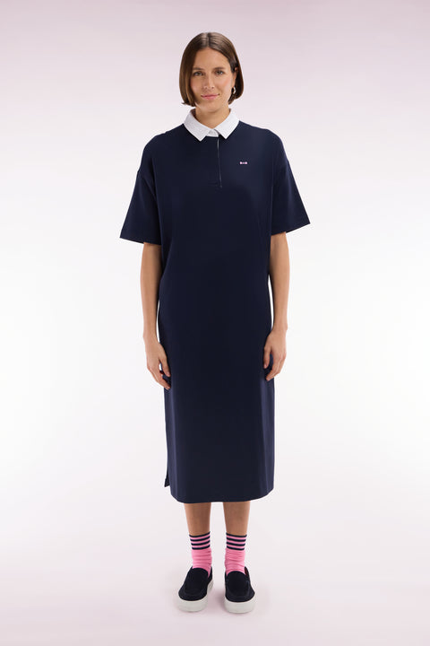 Robe maillot en coton Pima marine à col blanc coupe décontractée - Image 3