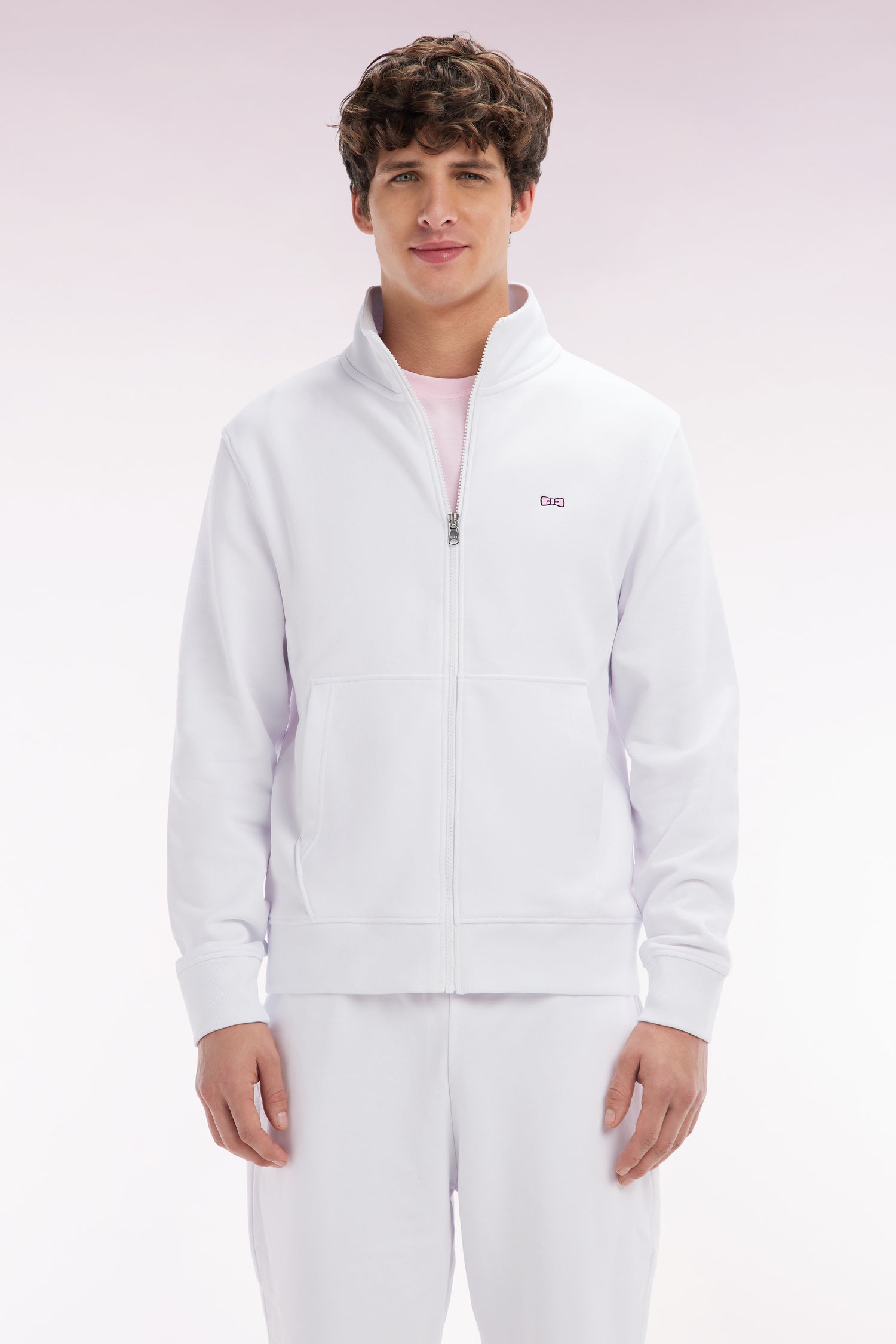 Sweatshirt zippé en coton blanc coupe droite