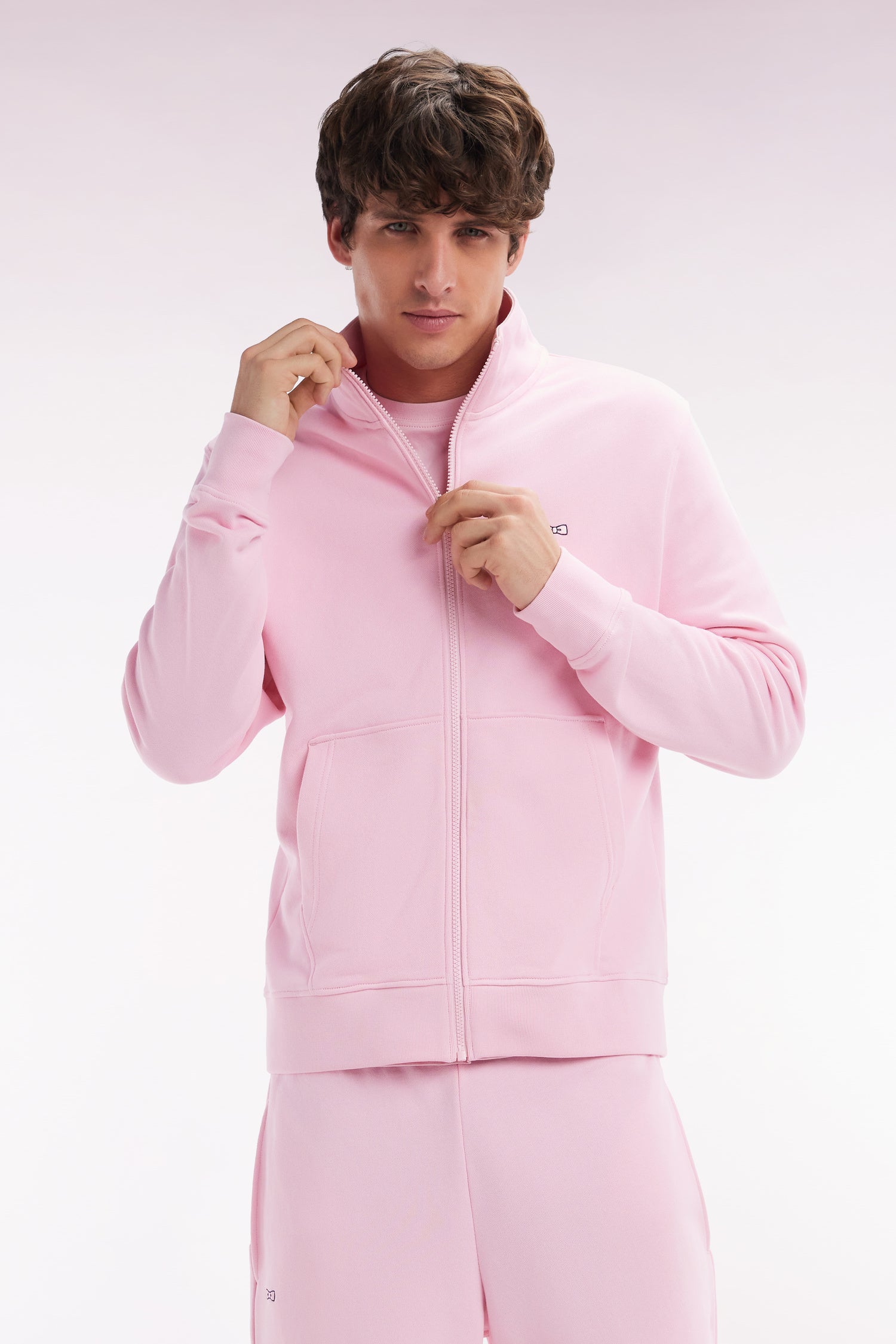 Sweatshirt zippé en coton rose coupe droite