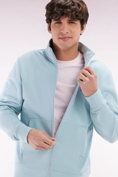 Sweatshirt zippé en coton vert d'eau coupe droite - Image 3