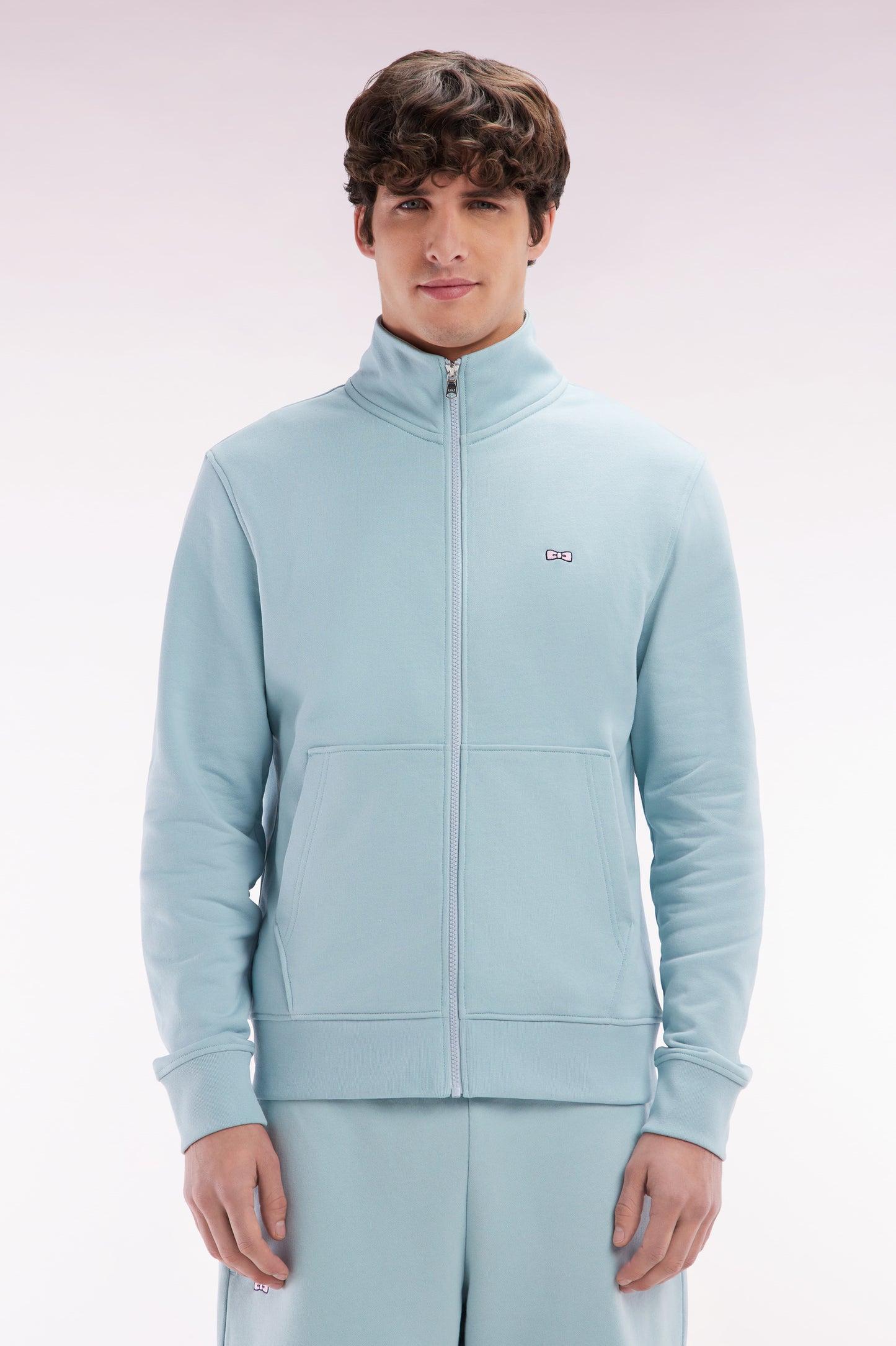 Sweatshirt zippé en coton vert d'eau coupe droite