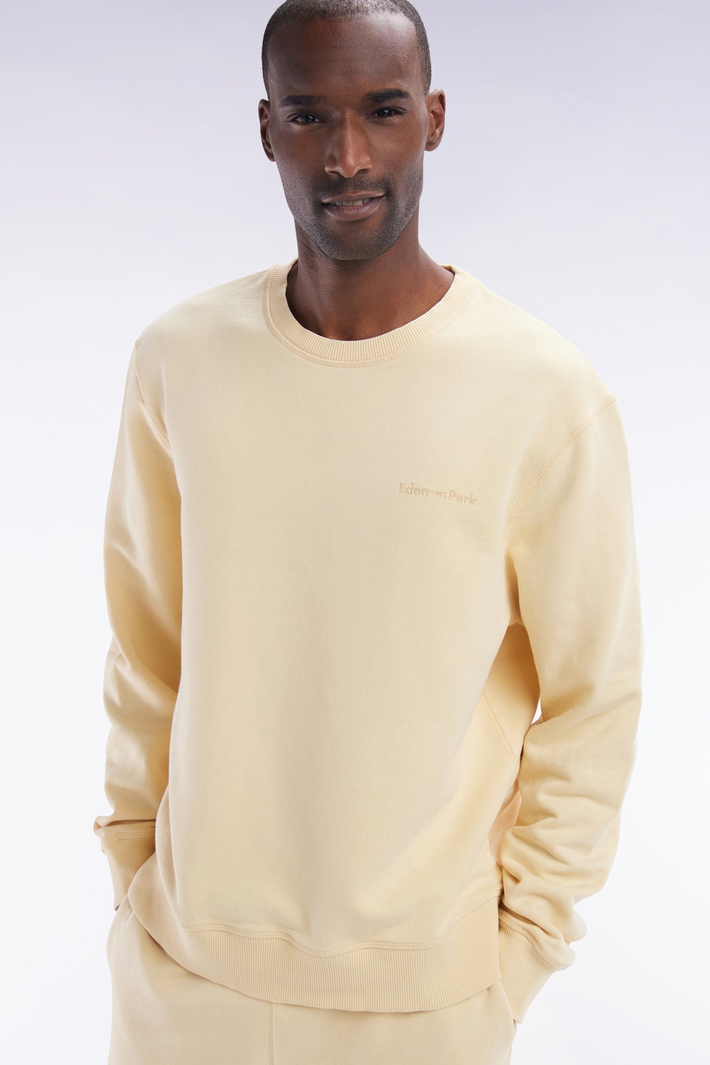 Relaxed-fit overdyed crewneck sweatshirt in ochre cotton fleece