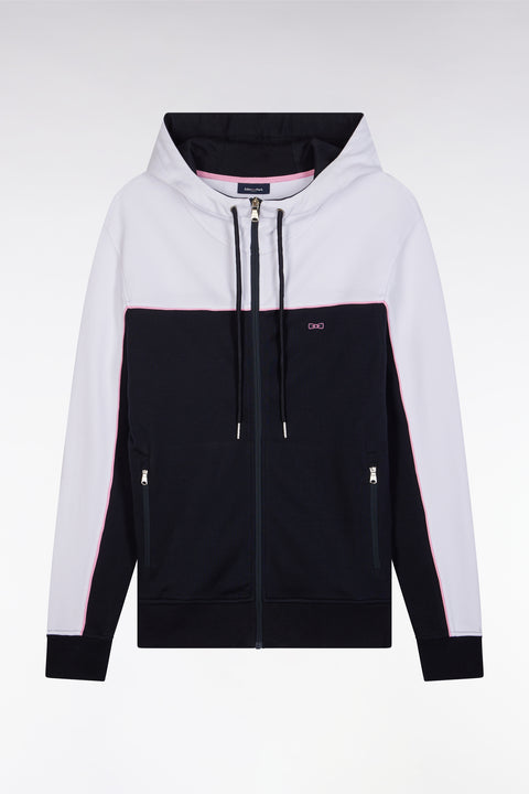 Sweatshirt zippé à capuche en coton marine et blanc coupe droite - Image 2