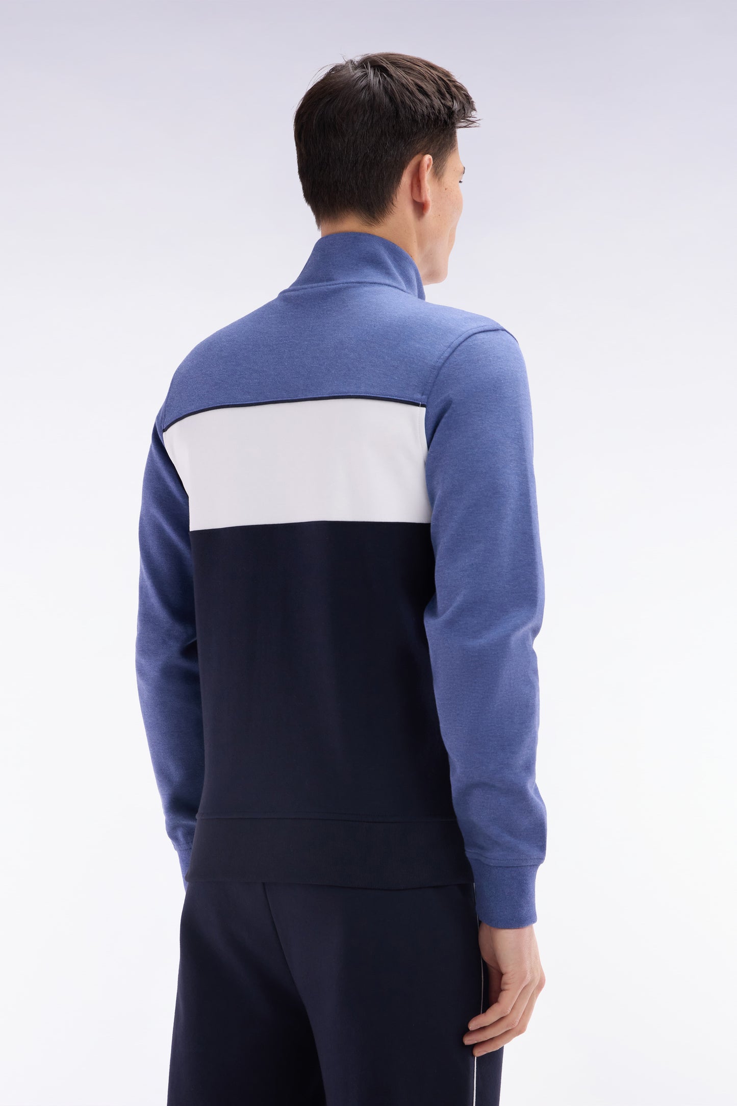 Sweatshirt zippé en coton interlock bleu foncé coupe droite