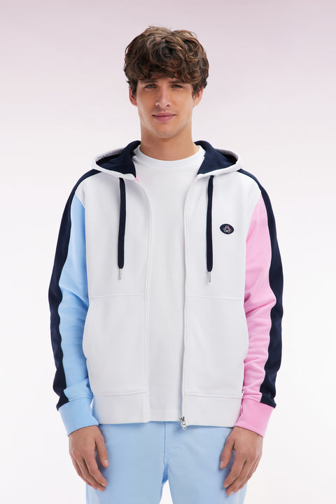 Sweatshirt zippé en molleton coton colorblock blanc coupe droite - Image 1