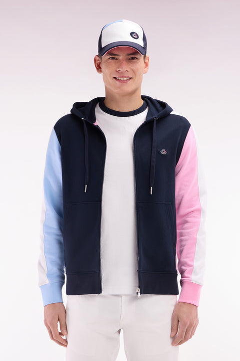 Sweatshirt zippé en molleton coton colorblock marine coupe droite - Image 1