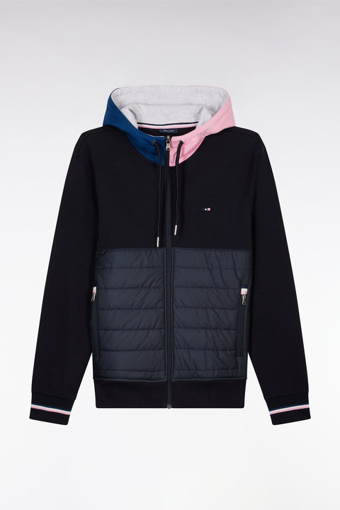 Sweatshirt zippé bimatière en molleton coton marine à parmenture matelassée coupe droite - Image 2