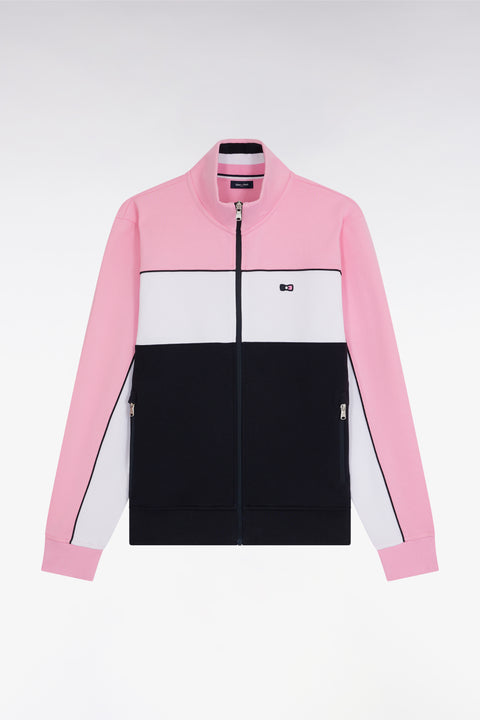 Sweatshirt zippé en molleton coton stretch tricolore rose coupe droite - Image 1