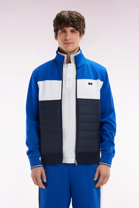 Sweatshirt zippé bimatière en molleton coton stretch marine parmenture matelassée coupe droite - Image 1