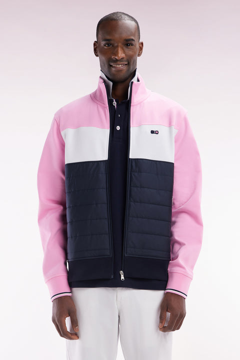 Sweatshirt zippé bimatière en molleton coton stretch rose parmenture matelassée coupe droite - Image 1