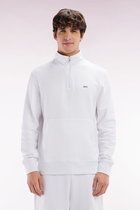 Sweatshirt à col zippé en coton blanc coupe droite - Image 1