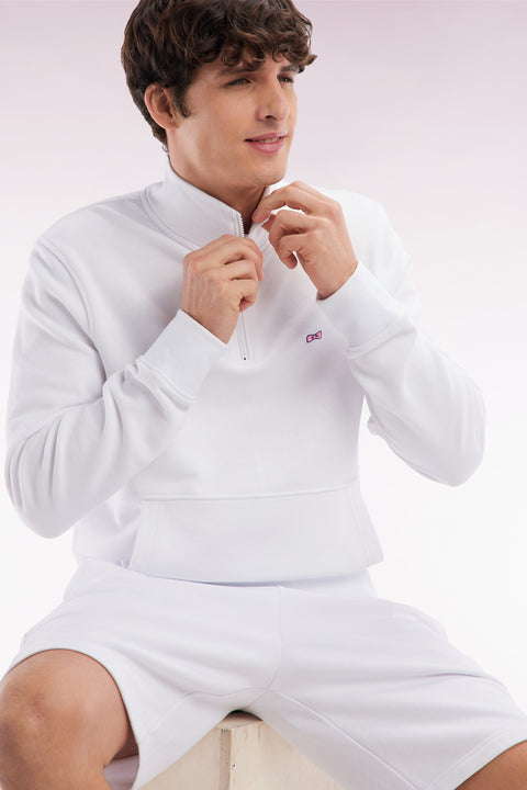 Sweatshirt à col zippé en coton blanc coupe droite - Image 2