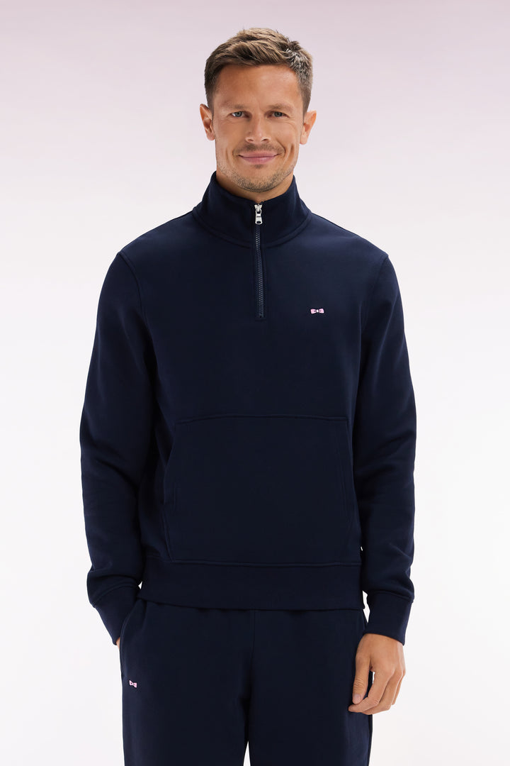 Sweatshirt à col zippé en coton marine coupe droite