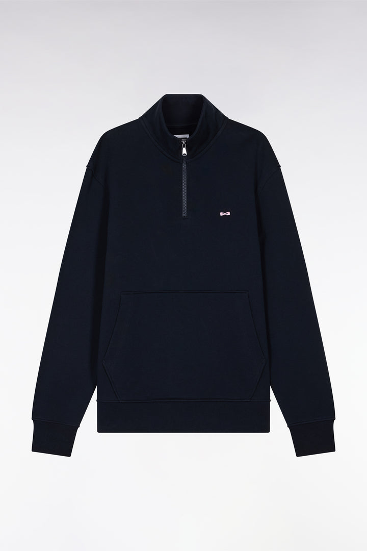 Sweatshirt à col zippé en coton marine coupe droite