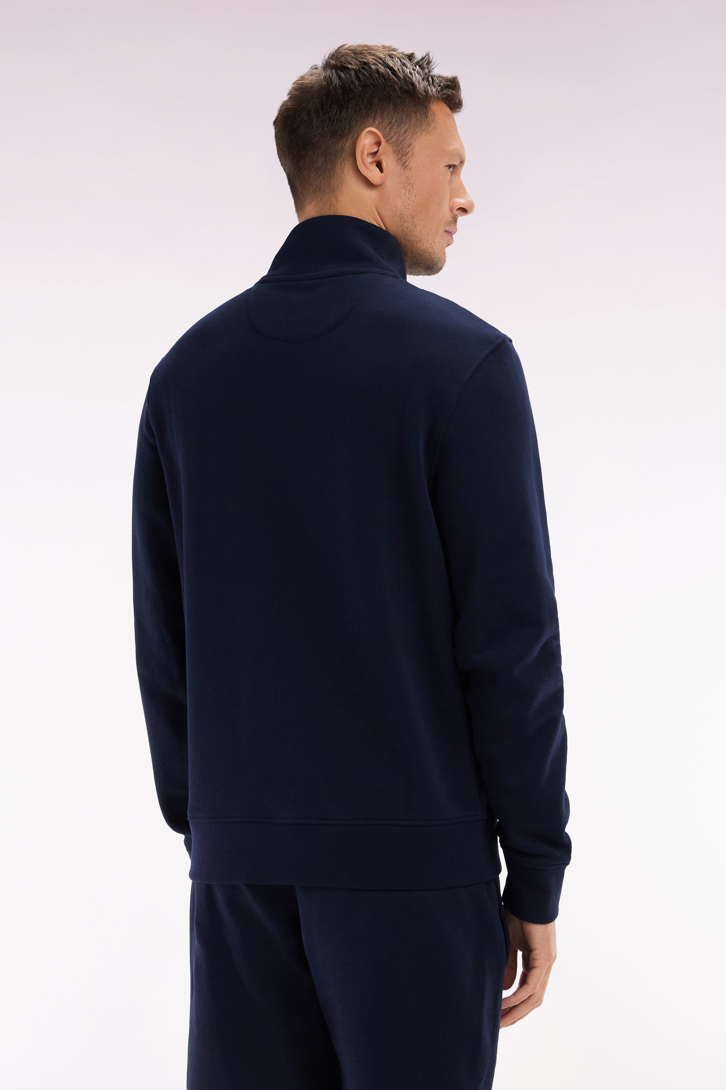 Sweatshirt à col zippé en coton marine coupe droite