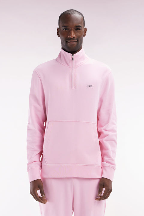 Sweatshirt à col zippé en coton rose coupe droite - Image 1