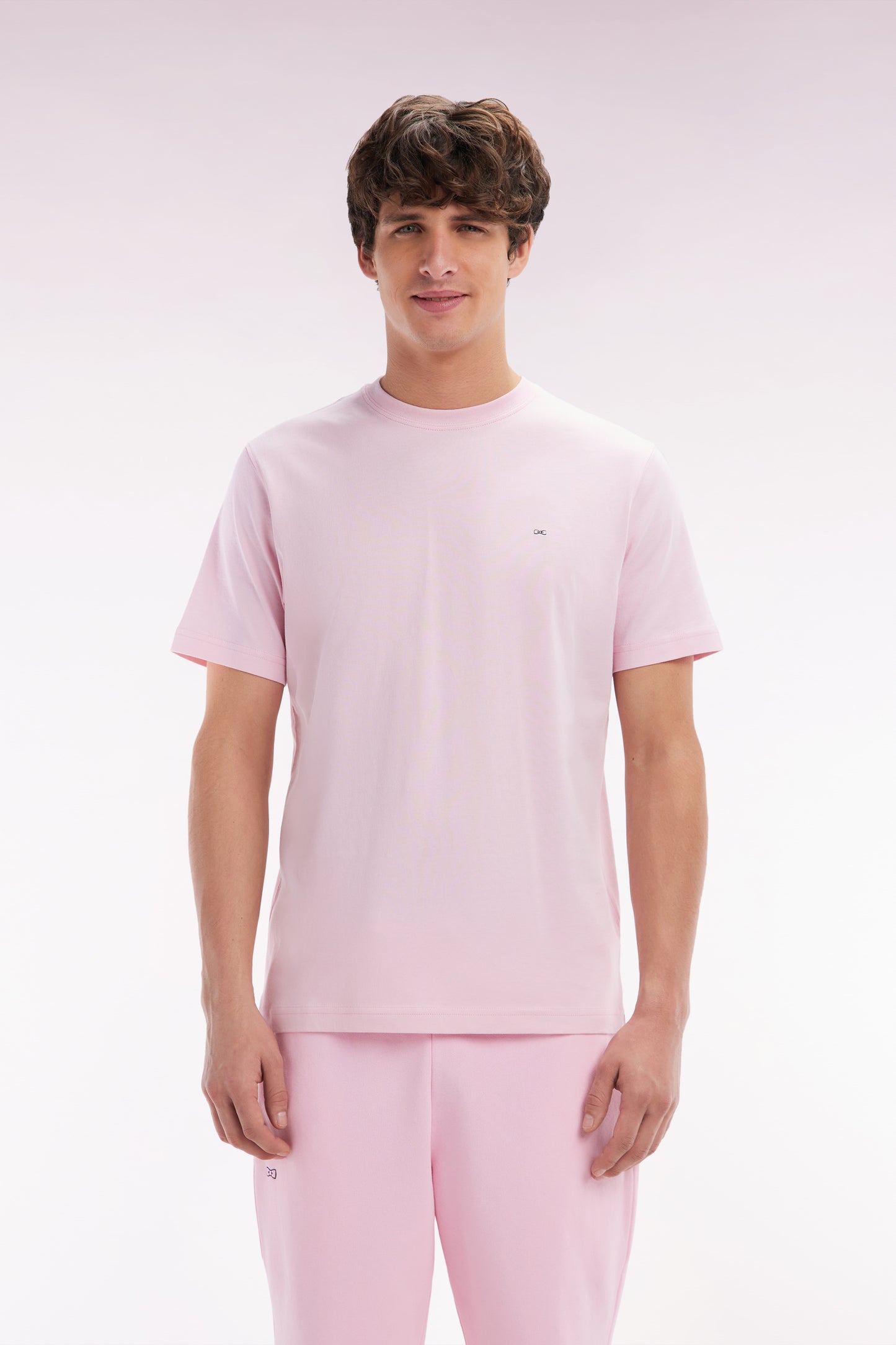 T-shirt en coton Pima rose pâle broderie dos coupe droite