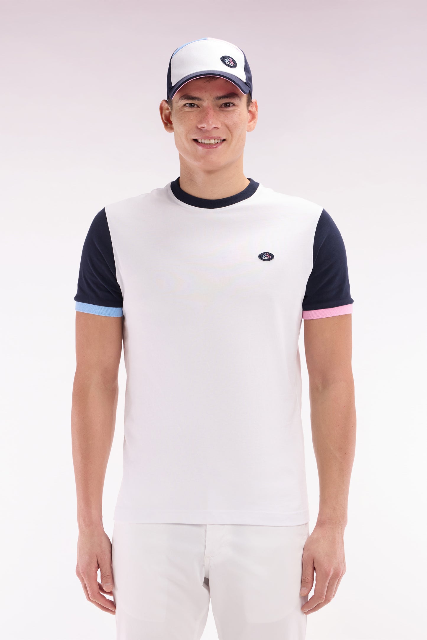 T-shirt colorblock brodé en coton blanc coupe droite