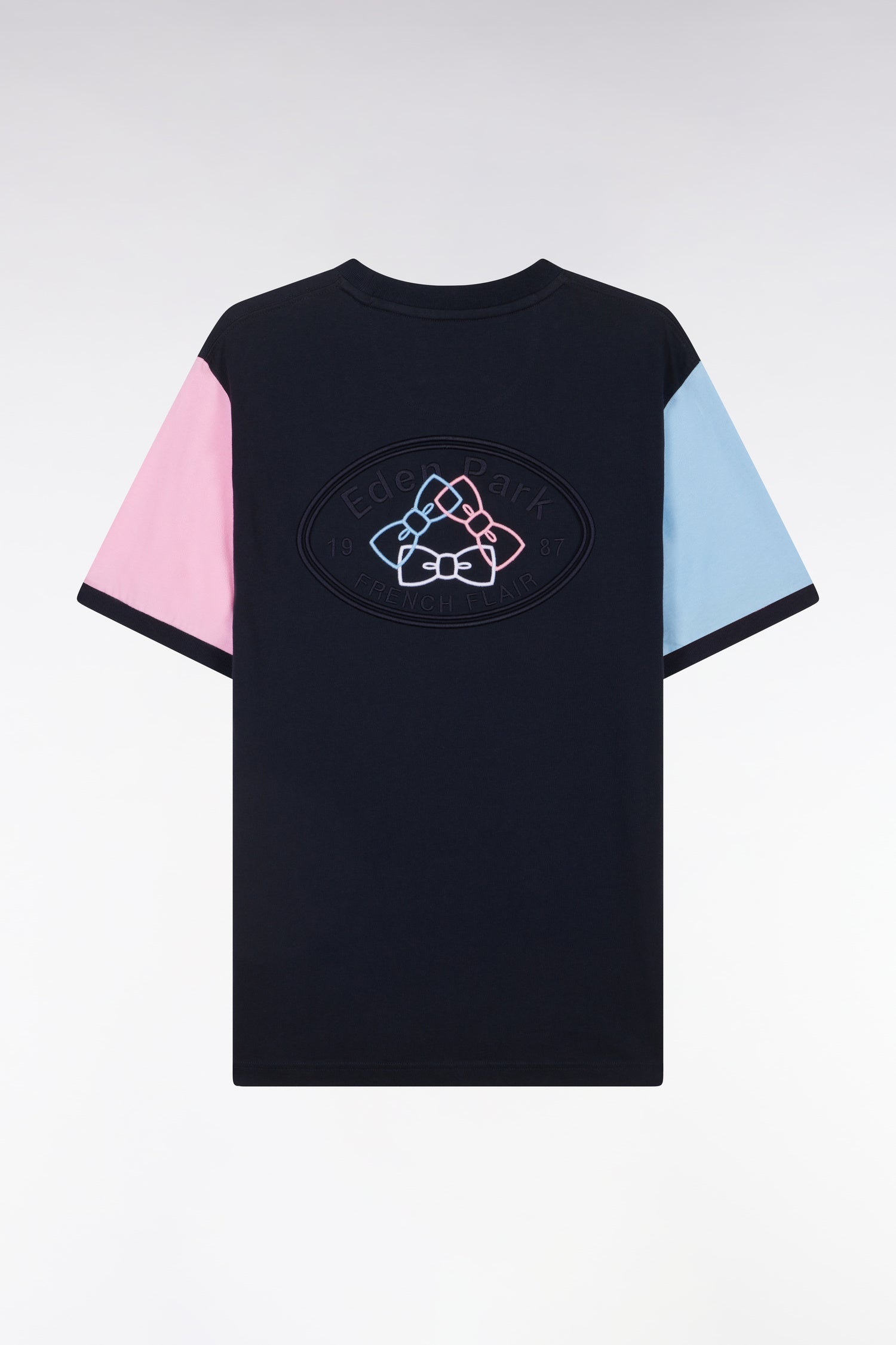 T-shirt colorblock brodé en coton marine coupe droite